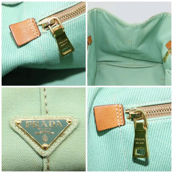 PRADA Canapa GM Hand Bag Canvas Gold Green Auth - Picture 14 of 16